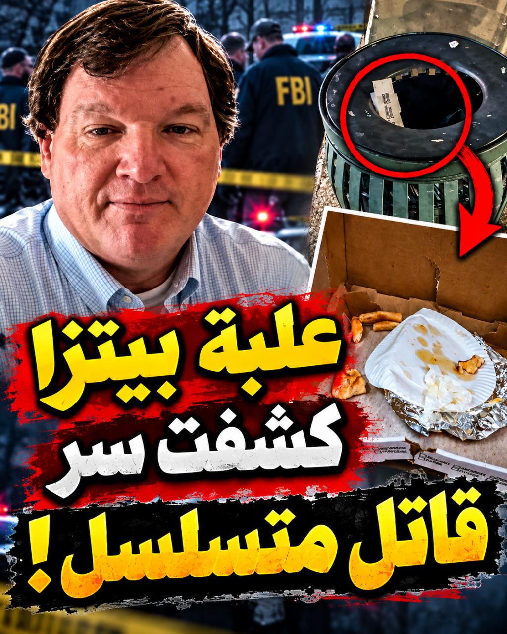 تصميم مصغّر عمودي عن قضية شاطئ غيلغو يظهر صورة ريكس هيرمان وسلة المهملات وبقايا بيتزا مع عنوان عربي